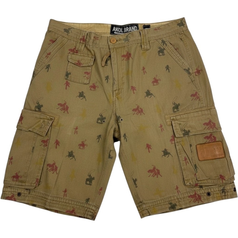 AKOO Brand Cowboy Rodeo Print Cargo Shorts Khaki VINTAGE 36x11